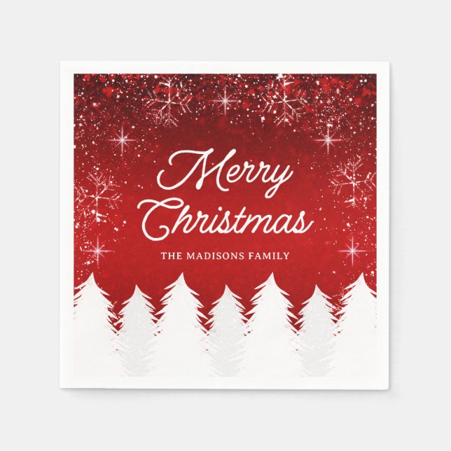 Elegant Red | Bäume & Schneeflocken Weihnachtsfest Serviette (Vorderseite)