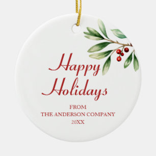 Elegant Red Berries Green Company Happy Holidays Keramik Ornament