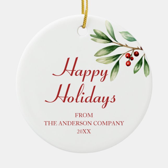 Elegant Red Berries Green Company Happy Holidays Keramik Ornament (Vorne)