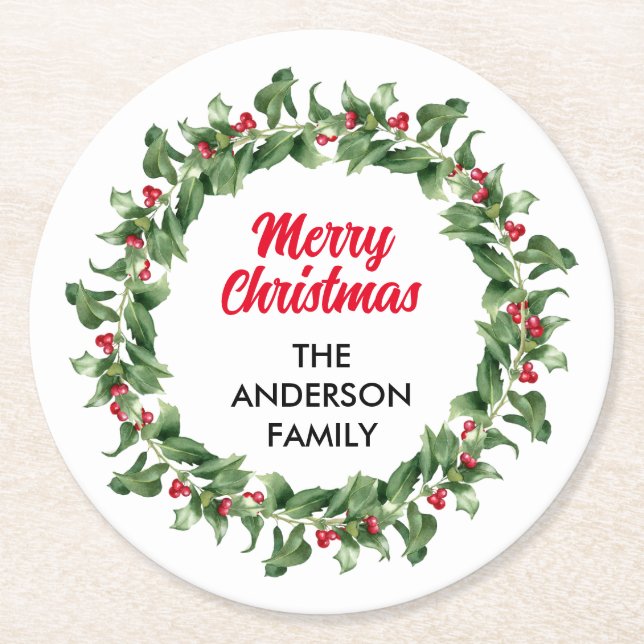 Elegant Red Berry Family Weihnachten Runder Pappuntersetzer (Vorderseite)