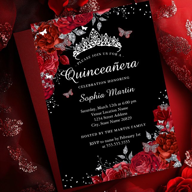 Elegant Red Black Floral Butterfly Quinceanera Folieneinladung (Von Creator hochgeladen)