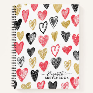 Elegant Red Black Hearts Your Name Sketchbook Notizbuch