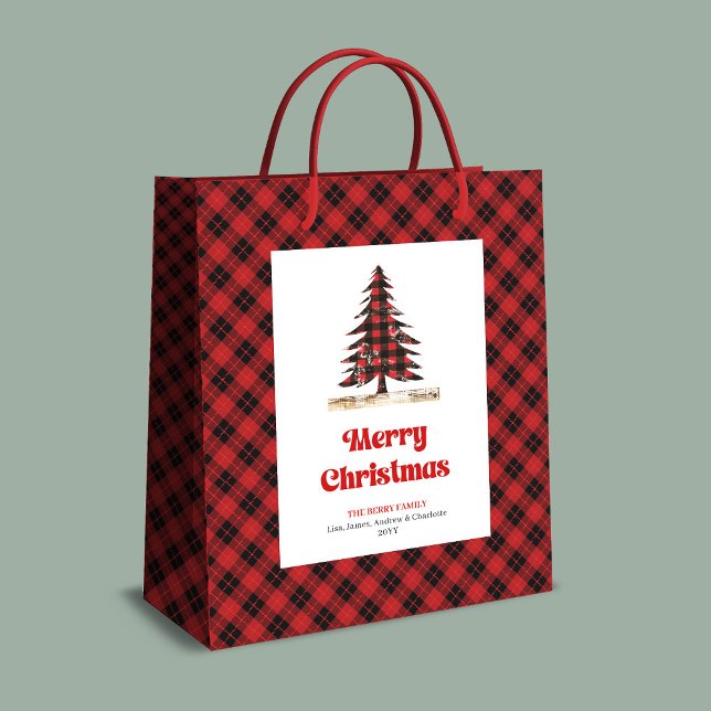 Elegant red black plaid tree gift bag personalized mittlere geschenktüte (Elegant red black plaid tree gift bag personalized)