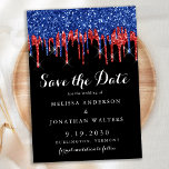 Elegant Red Blue Glitzer Tropfens Patriotic Weddin Save The Date<br><div class="desc">Laden Sie Ihre Freunde und Familie ein, um Ihren besonderen Tag mit den patriotischen Save the Date-Einladungskarten der Tropfen in Schwarz, Rot und Blau Glitzern zu feiern. Passen Sie Ihre Namen und Ihre Hochzeitsinformationen an. Diese Hochzeitskollektion der amerikanischen Flagge wird bei allen Militär-, Veteranen- und Streitkräften beliebt sein. Besuchen Sie...</div>