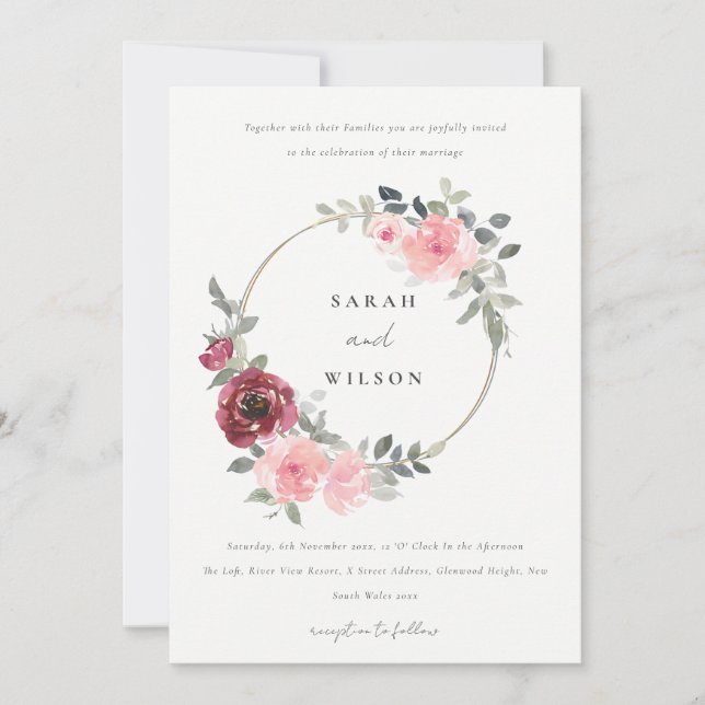ELEGANT RED BLUSH BURGUNDY FLORAL WEDING INVITE DANKESKARTE (Vorderseite)