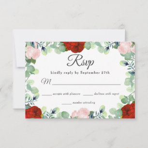 Elegant Red Blush Rose Grüne Hochzeit RSVP Karte