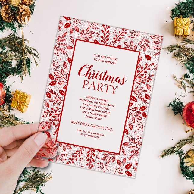 Elegant Red Botanicals Christmas Party Acryleinladungen (Elegant red botanicals border CLEAR ACRYLIC Christmas holiday party invitations)