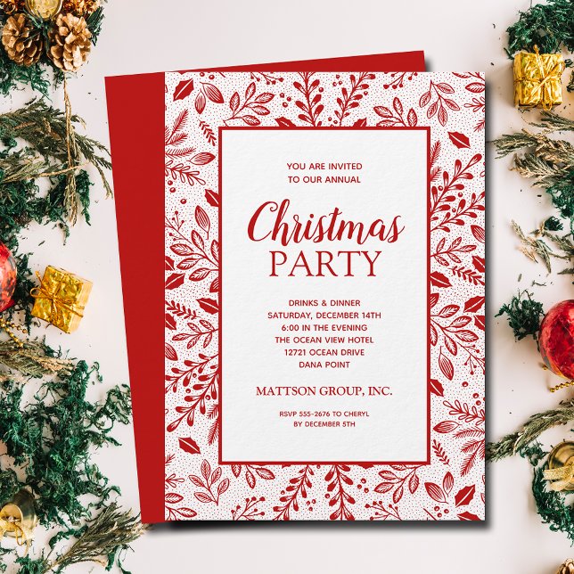 Elegant Red Botanicals Christmas Party Einladung (Elegant red botanicals Christmas party invitations, PRINTED and/or INSTANT DOWNLOAD)