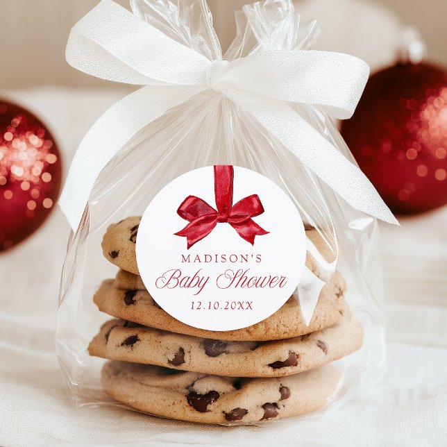 Elegant Red Bow Christmas Baby Shower Runder Aufkleber (Von Creator hochgeladen)