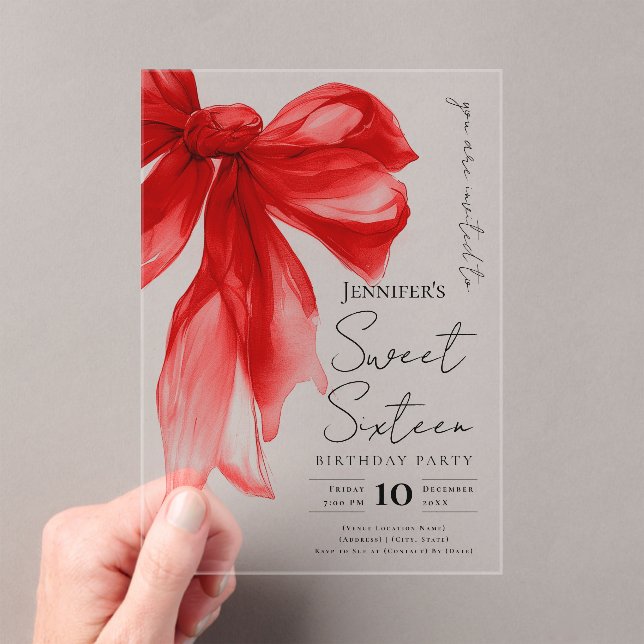 Elegant Red Bow Coquette Script Sweet 16 Party Acryleinladungen (Insitu (Handheld))