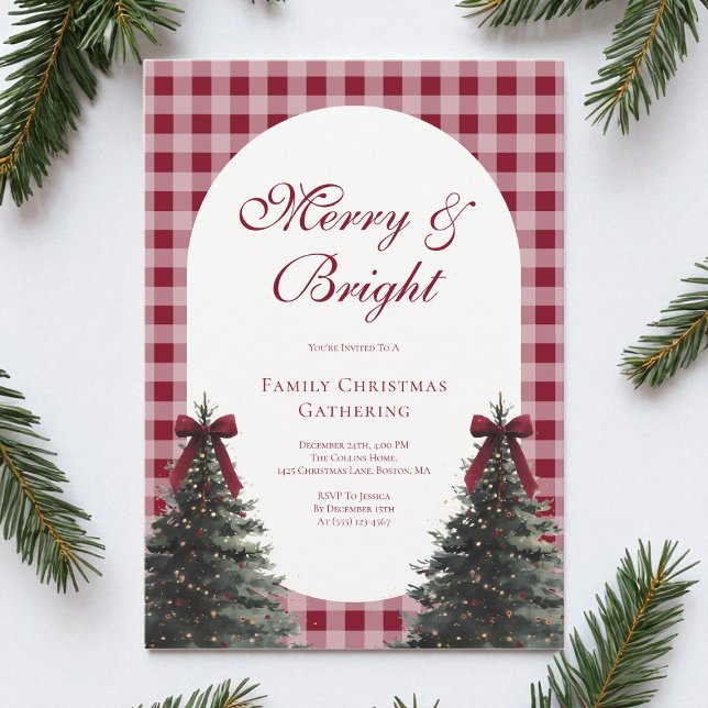 Elegant Red Bow Gingham Family Christmas Party Einladung (Elegant Red Bow Gingham Family Christmas Party Invitation)