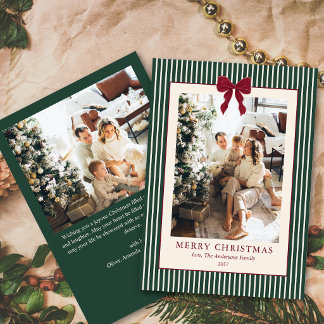 Elegant Red Bow Green Stripes Christmas 2 Photo Feiertagskarte