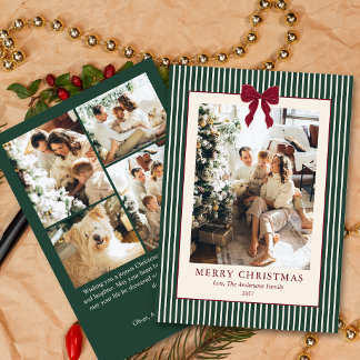 Elegant Red Bow Green Stripes Christmas 5 Photo Feiertagskarte