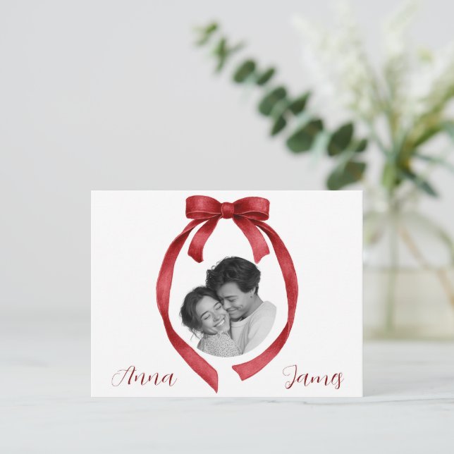 Elegant Red Bow Valentine's Day Card Custom Photo Postkarte (Stehend Vorderseite)