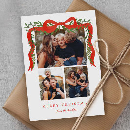 Elegant Red Bow with Greenery 3 Photo Christmas Feiertagskarte