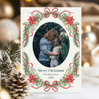 Elegant Red Bow Wreath Christmas Photo Card Feiertagskarte