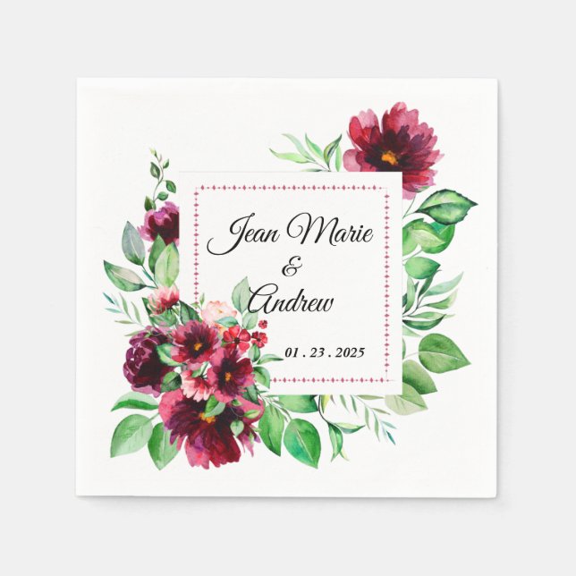 Elegant Red Burgundy Floral Wedding Serviette (Vorderseite)