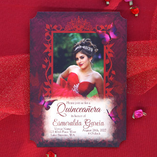 Elegant Red Butterfly Border Quinceanera Einladung
