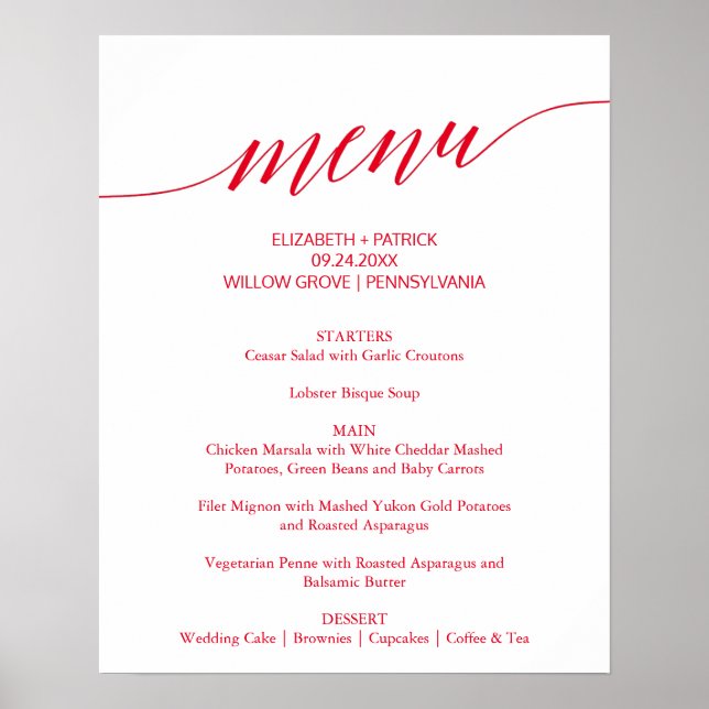 Elegant Red Calligraphy Wedding Menu Sign Poster (Vorne)