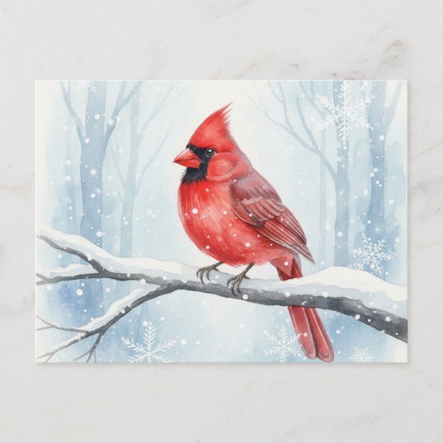Elegant Red Cardinal Watercolor Winter Snow Postkarte (Vorderseite)