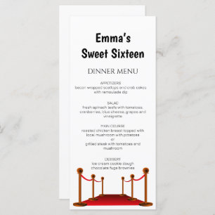 Elegant Red Carpet Hollywood Sweet 16 Birthday Menükarte