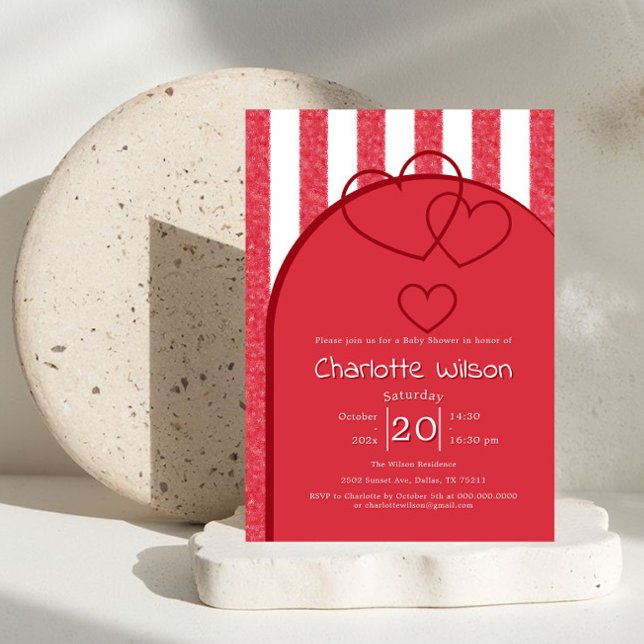 Elegant Red Chalk Stripe Triple Hearts Baby Shower Einladung (Von Creator hochgeladen)