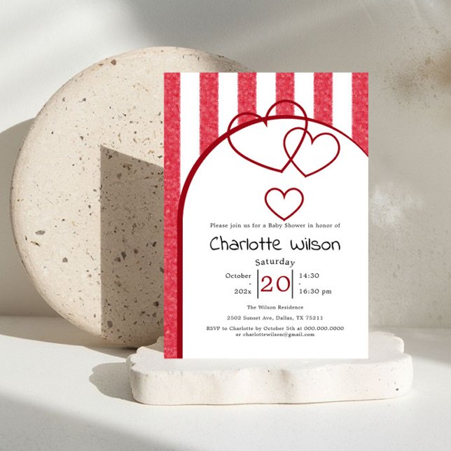 Elegant Red Chalk Stripe Triple Hearts Baby Shower Einladung (Von Creator hochgeladen)