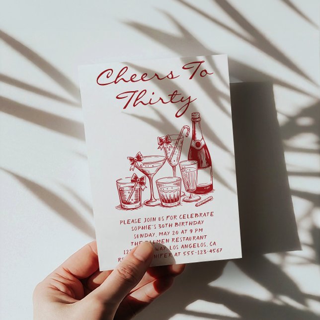 Elegant Red Cheers to Thirty Cocktail Birthday Einladung (Von Creator hochgeladen)