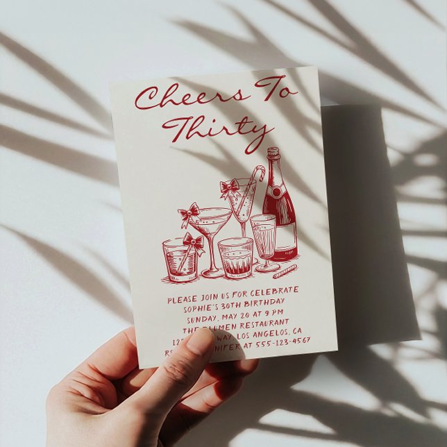 Elegant Red Cheers to Thirty Cocktail Birthday Einladung (Von Creator hochgeladen)