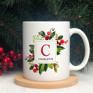 Elegant Red Christmas Greenery Monogram Kaffeetasse