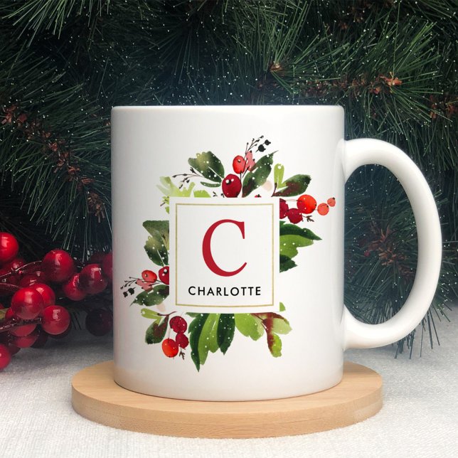 Elegant Red Christmas Greenery Monogram Kaffeetasse (Von Creator hochgeladen)