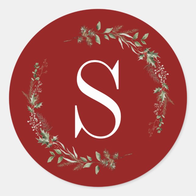 Elegant Red Christmas Greenery Monogram Wreath Runder Aufkleber (Vorderseite)