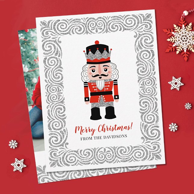 Elegant Red Christmas Nutcracker Feiertagskarte (An elegant family Christmas card featuring a nutcracker on the front and your photo on the back.)