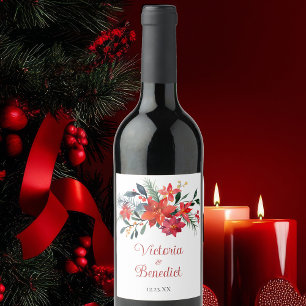 Elegant Red Christmas Poinsettia Wedding Custom Weinetikett