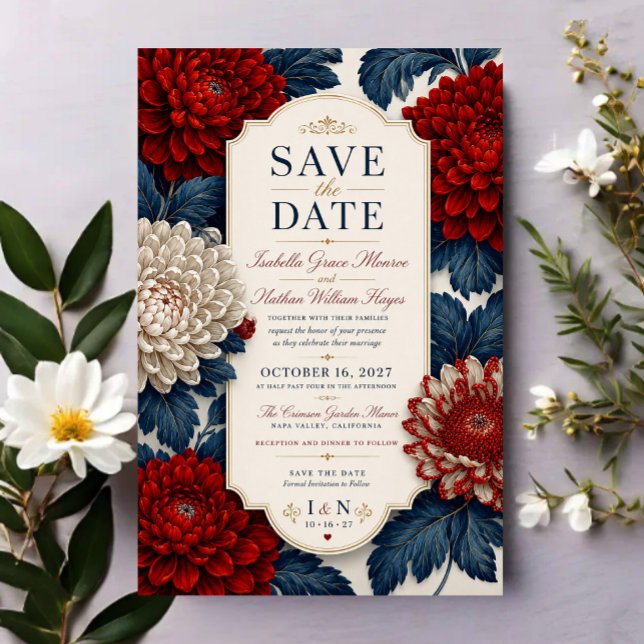 Elegant Red Chrysanthemum Flora Save The Date (Von Creator hochgeladen)