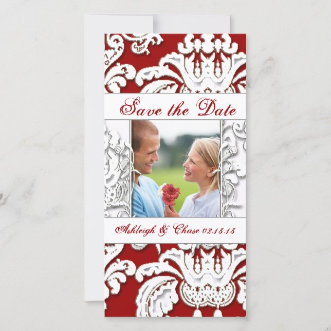 Elegant Red Damask Rettete das DateYour-Foto Save The Date (Vorderseite)