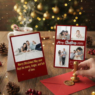 Elegant Red Family Photo Collage Christmas Holiday Feiertagskarte