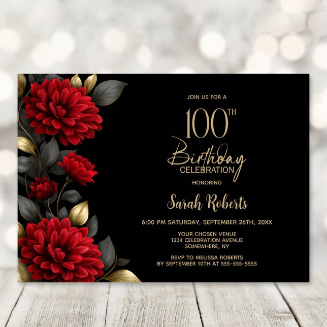 Elegant Red Floral Black 100th Birthday Party Einladung (Von Creator hochgeladen)