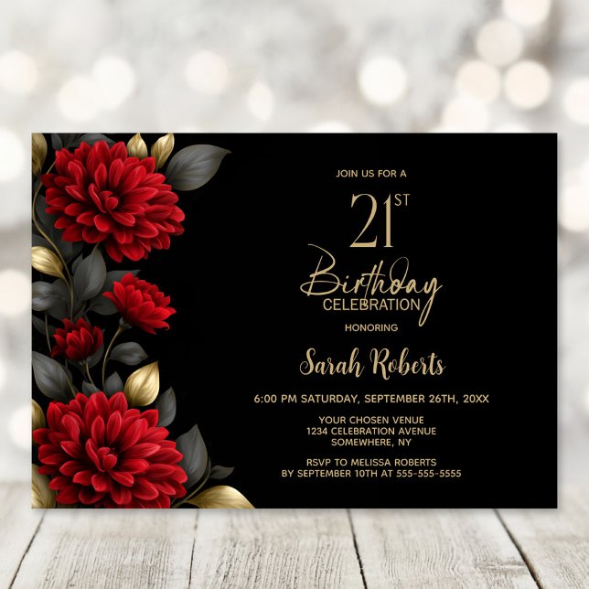 Elegant Red Floral Black 21st Birthday Party Einladung (Von Creator hochgeladen)