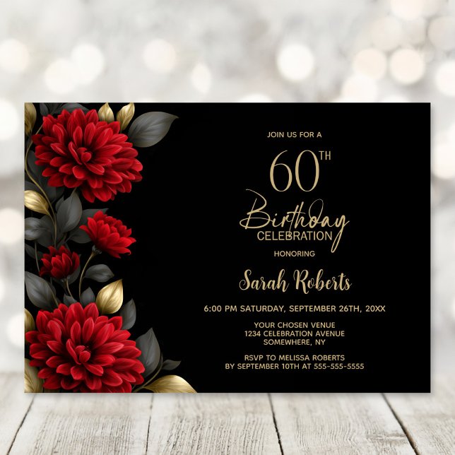 Elegant Red Floral Black 60th Birthday Party Einladung (Von Creator hochgeladen)