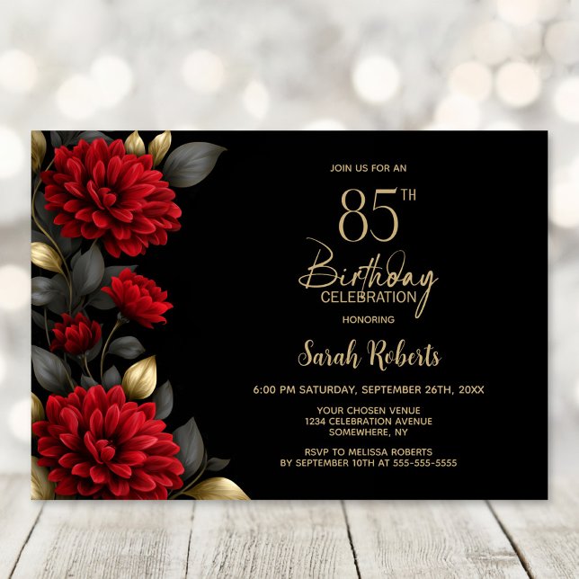 Elegant Red Floral Black 85th Birthday Party Einladung (Von Creator hochgeladen)