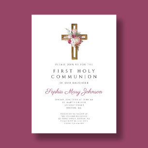 Elegant Red Floral Boho Cross Erste Kommune Einladung