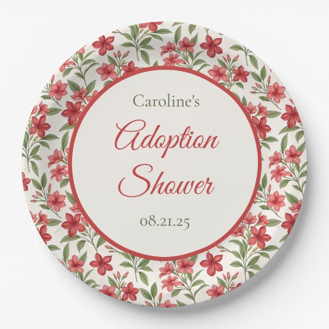 Elegant Red Floral Botanical Adoption Shower Pappteller (Vorderseite)