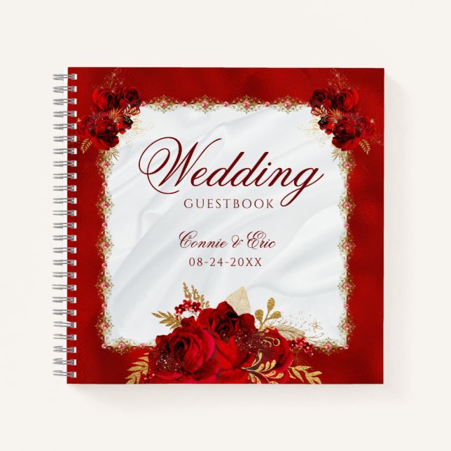 Elegant Red Floral Budget Wedding Gästebuch Notizbuch (Vorderseite)