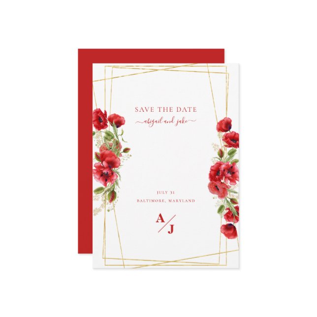 Elegant Red Floral Geometric Save the Date (Vorderseite/Rückseite Beispiel)