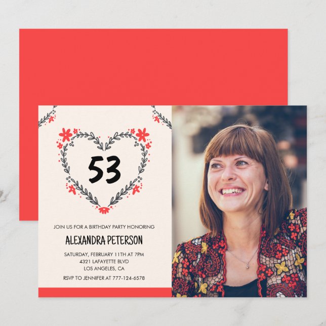 Elegant Red Floral Heart für ihren 53. Geburtstag Einladung (Vorne/Hinten)
