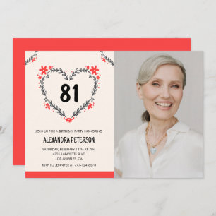 Elegant Red Floral Heart für ihren 81. Geburtstag Einladung