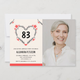 Elegant Red Floral Heart für ihren 83. Geburtstag Einladung