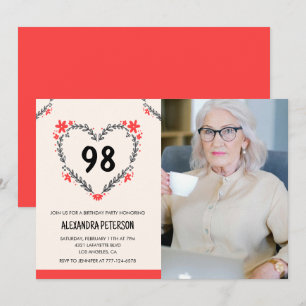 Elegant Red Floral Heart für ihren 98. Geburtstag Einladung