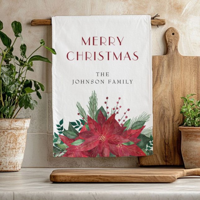 Elegant Red Floral Poinsettia Weihnachten Geschirrtuch (Elegant Red Floral Poinsettia Christmas Kitchen Towel)